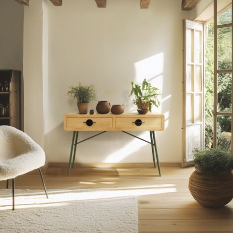 HELENA - Console 2 tiroirs en bois pin et pieds métal vert