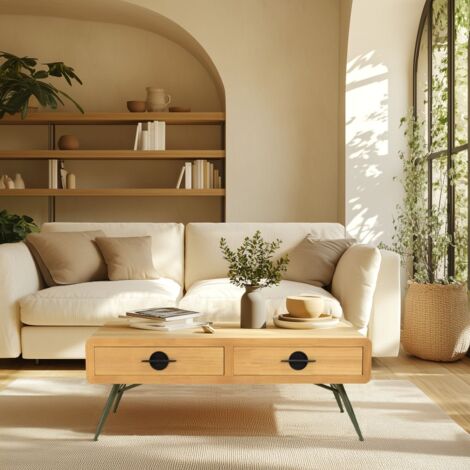 HELENA - Table basse 2 tiroirs bois pin pieds métal vert
