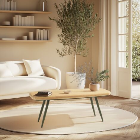 HELENA - Table basse plateau en bois pin pieds scandinaves métal vert