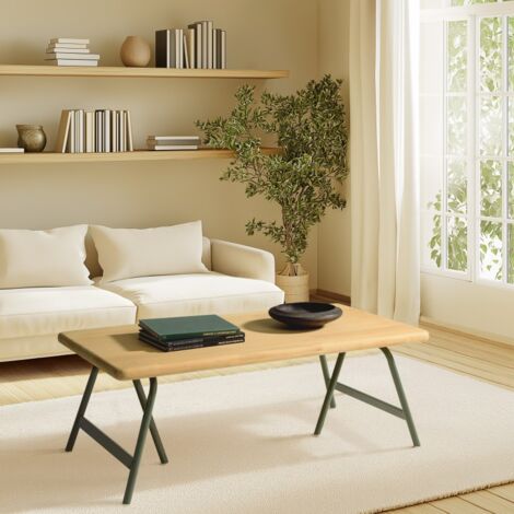 HELENA - Table basse plateau en bois pin pieds tréteaux en métal vert