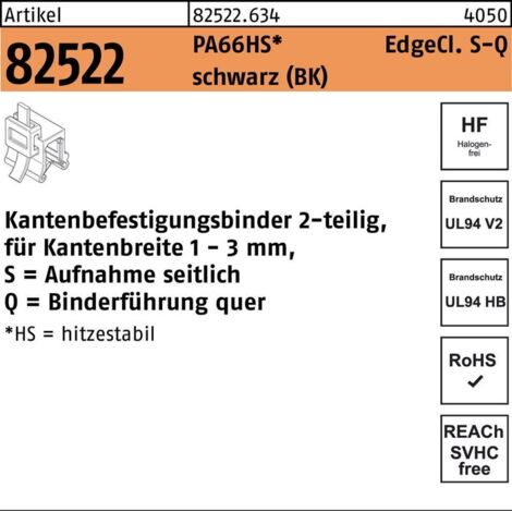 HELLERMANNTYTON Befestigungsbinder R 82522 m.Edgeclip 4,6 x 200/45PA66HS schwarz seitlich-quer 500 Stück