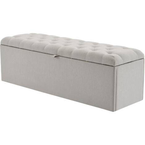 Hellgraue Polsterbank aus Leinen mit Stauraum, 141×41,5×47 cm, gepolsterter Betthocker & Sitzbank