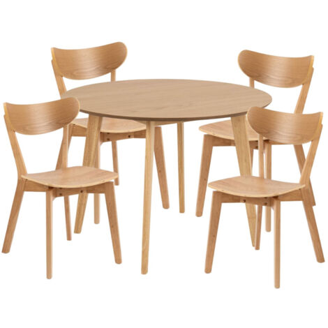 Hellin – Ensemble table ronde D105 en chêne avec 4 chaises – Plateau MDF placage chêne – Design scandinave compact pour petits espaces