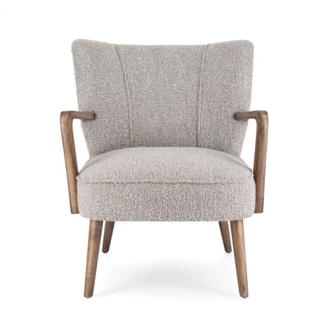 Hellin – Fauteuil crapaud en tissu bouclette gris – Accoudoirs en bois d'hévéa – Dossier rembourré pour confort – Dimensions L 66.5 x P 73.5 x H 81.5 cm