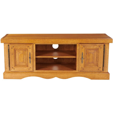 Hellin – Meuble TV bas en chêne massif 130x40x50 cm – 2 rangements fermés et 2 niches ouvertes – Passe-câble intégré – Finition chêne moyen