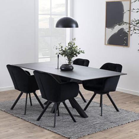 Hellin – Table à manger 200x100x75,5 cm en céramique noire – Piétement en métal noir – Résistante aux abrasifs et rayures – Design moderne