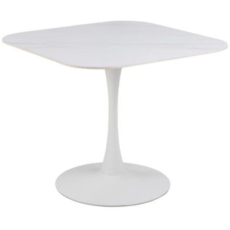 Hellin – Table à manger carrée 90x90 cm en céramique marbrée – Pied tulipe en métal – Résistante aux rayures et à la chaleur