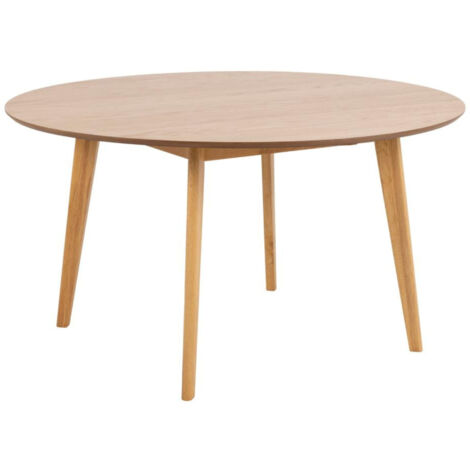 Hellin – Table à manger ronde 140 cm – Plateau MDF placage chêne – Pieds en bois d'Hévéa laqué – Pour 6 à 8 personnes – Style moderne nordique