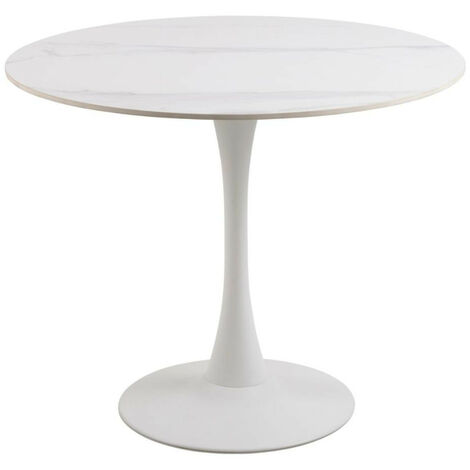 Hellin – Table à manger ronde en céramique blanche Ø90 cm – Pied tulipe métal H75 cm – Surface résistante aux rayures – Pour repas en famille