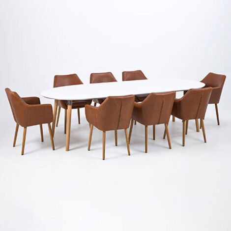 Hellin – Table de salle à manger ovale extensible 170/270 cm – Design scandinave – Plateau MDF laqué blanc – Piétement en hévéa chêne