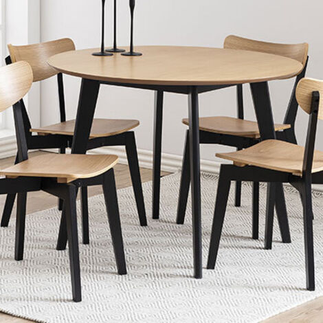 Hellin – Table à manger ronde 105 cm en MDF et placage chêne – Piétement en bois d'Hévéa laqué – Hauteur 76 cm – Pour petits espaces