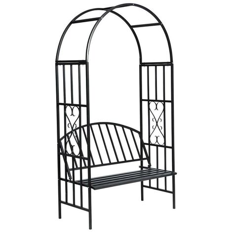 Helloshop26 – Arche de jardin en métal laqué noir – Dimensions 114 x 57 x 210 cm – Banc intégré avec hauteur d'assise 40 cm – 2 chevilles d'ancrage incluses