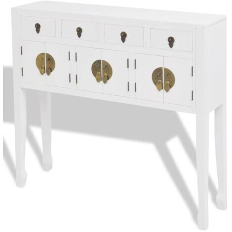 Helloshop26 – Buffet en bois massif blanc – Dimensions 95 x 24 x 91 cm – 4 tiroirs et 3 armoires – Style asiatique classique pour rangement élégant