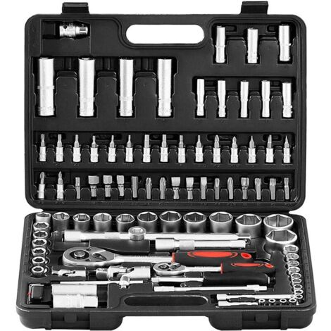 Helloshop26 – Coffret de 94 douilles et cliquets – 2 cliquets 1/4 et 1/2 pouce – 17 embouts pour vis – Mallette de rangement incluse