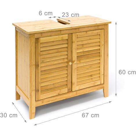 Helloshop26 – Meuble bas de salle de bain en bambou – Dimensions 60x67x30 cm – 2 portes à lames ajourées – Pour espaces humides