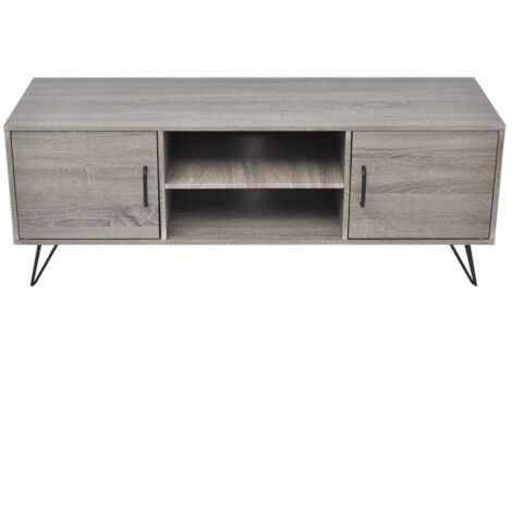 Helloshop26 – Meuble TV 120 cm en MDF gris – 2 étagères ouvertes – 2 compartiments avec portes – Pieds en métal pour stabilité