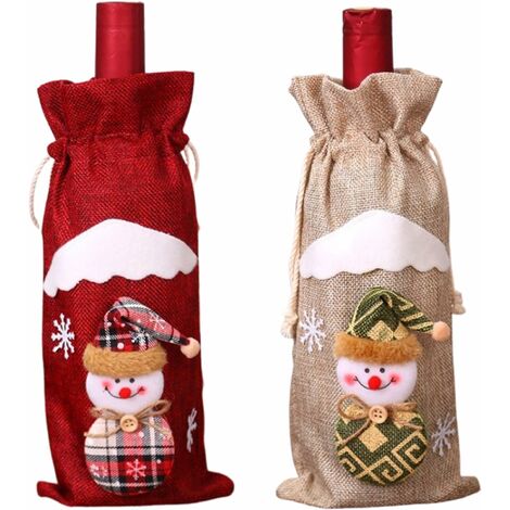 Héloise Lot de 2 Ballotins Champagne Toile de Jute et Cordon de Serrage Design de Noël Original Personnage Bonhomme de Neige Christmas Beige Rouge Idées à Offrir