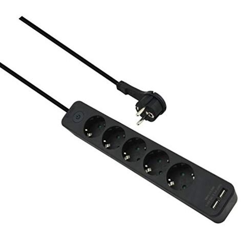 HELOS ADVANCED - REGLETA CON 5 ENCHUFES Y CARGADOR USB (1,5 M, CON INTERRUPTOR), COLOR NEGRO