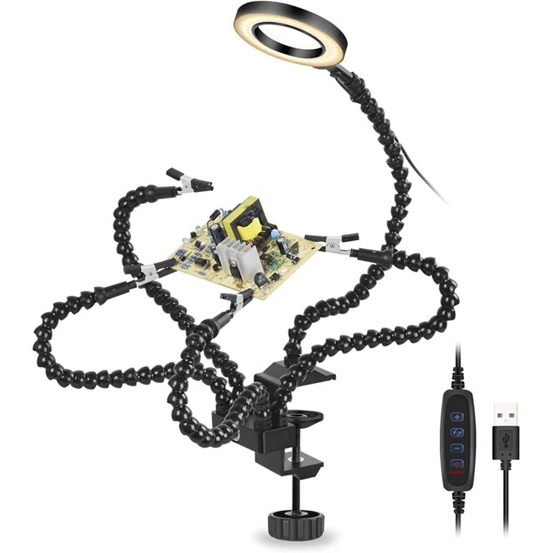 Helping Hands - Soporte para PCB de tercera mano con 5 brazos flexibles y 3 ajustes de luz ajustables, lámpara de aumento