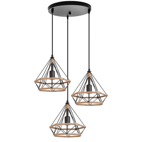 Hemp Rope Pendant Lights Retro Diamond 25CM Ceiling Light 3 Lights Industrial Pendant Light For Living Room Dining Room Bar Balcony Black
