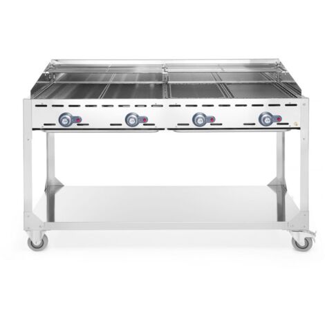 HENDI Grillsystem Green Fire 4 Brenner, Profi Line, mit Rollengestell, Hellgrau, 22kW, 1400x612x(H)825mm