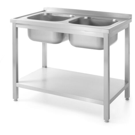 HENDI Tisch mit 2 Spülbecken und Ablage – verschraubt, Tiefe 600 mm, Kitchen Line, 1000x600x(H)850mm