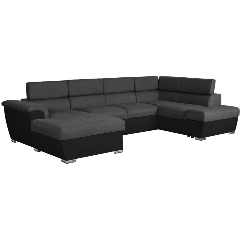 Loungitude - Canapé panoramique convertible avec 2 coffres paola en tissu et simili - Gris/Noir