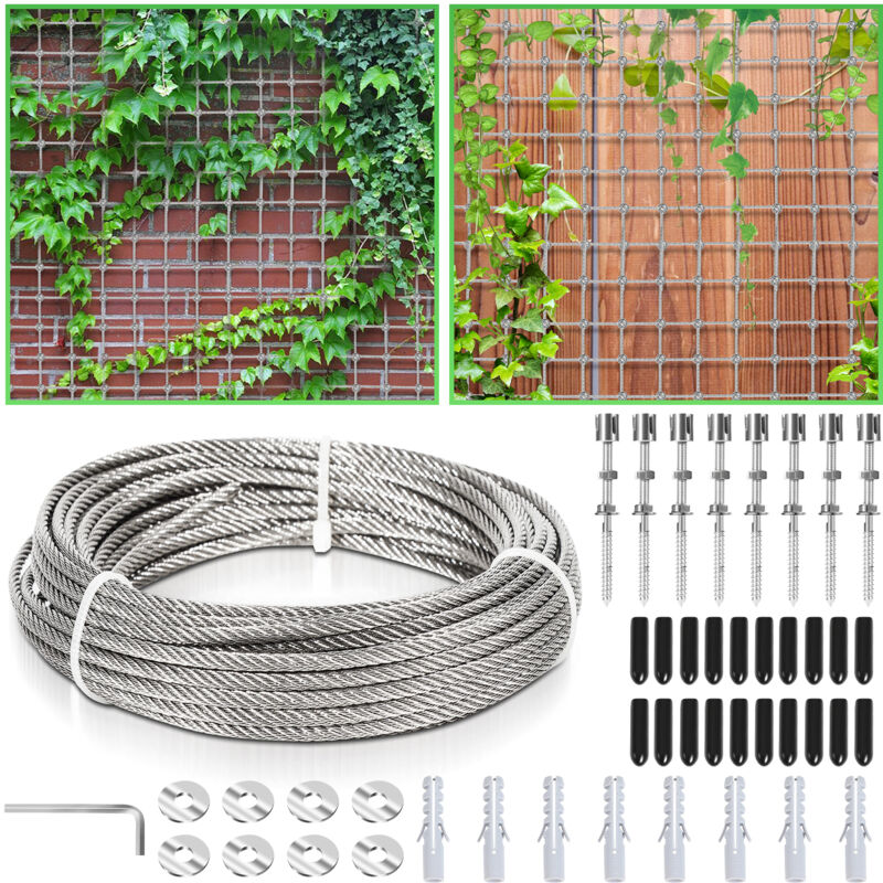 12M Treillis métallique pour plantes Support Pour Plante Grimpante, Kit Complet En Inox Avec Support Mural Et Corde Diamètre 3MM - Hengda