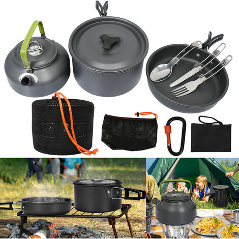 Hengda 12x Batterie de cuisine de camping vaisselle de camping couverts d'extérieur tasse en aluminium ensemble de cuisine 2-3 personnes - noir - noir