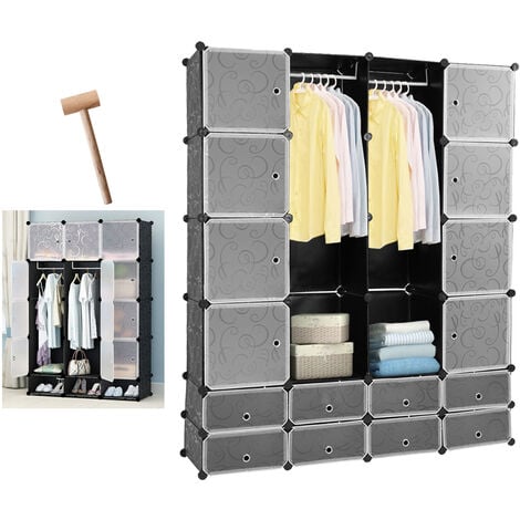 Relaxdays Kleiderschrank schwarz weiß, Garderobe modern, Regalsystem 9  Fächer, Raumteiler Kunststoff, 145 x 110 x 37 cm