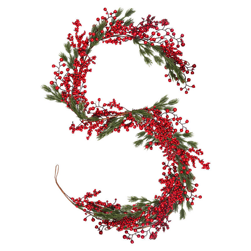 180 cm Guirlande de pin de Noël artificielle avec baies rouges aiguille feuilles d'épinette guirlande d'hiver pour décoration de table d'escaliers de