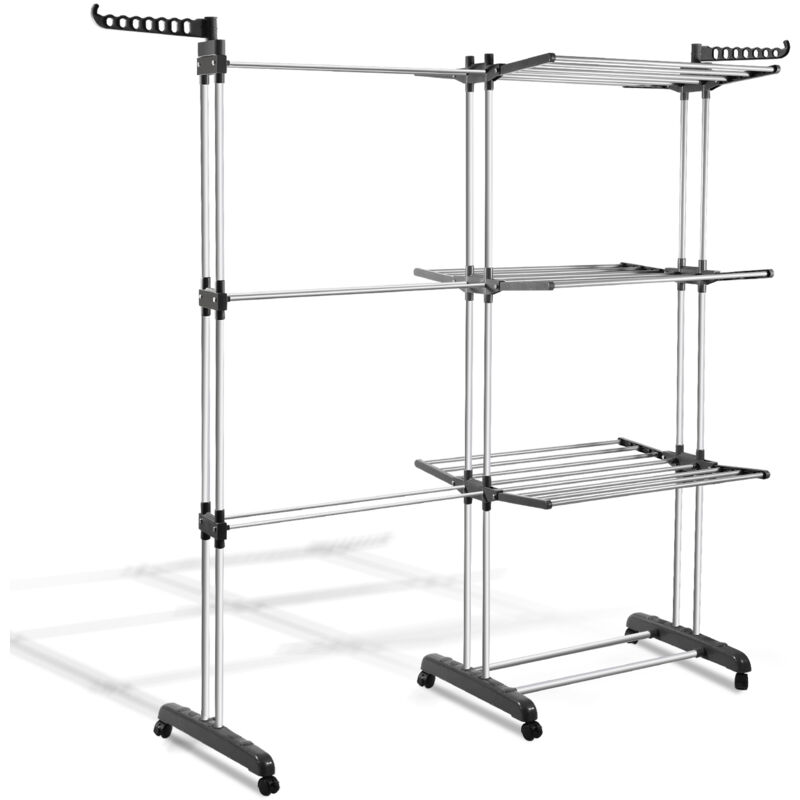 2 en 1 Étendoir à Linge Séchoir Mobile à 4 Niveaux H.170cm Gris pliable & télescopique avec roulettes - Hengda
