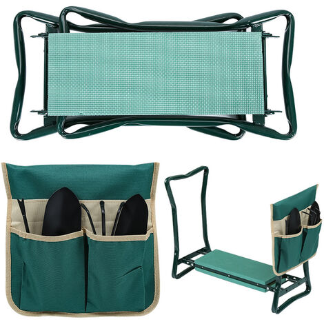 Hengda 2 in 1 Kniebank mit weichem Kniekissen, Klappbarer Gartenhocker mit 1 grosse Werkzeugtaschen, Gartenbank aus Stahl,bis 150 kg - Grün