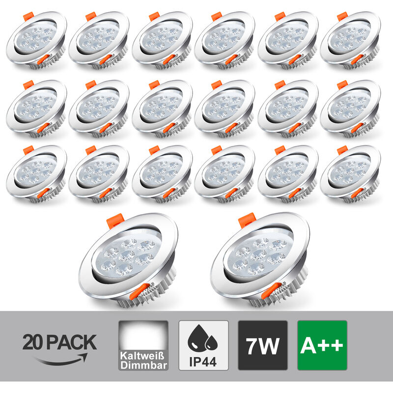 20X LED Einbaustrahler Spot Set Kaltweiß 7W Dimmbar Einbauleuchte Deckenleuchte Strahler IP44 - Hengda