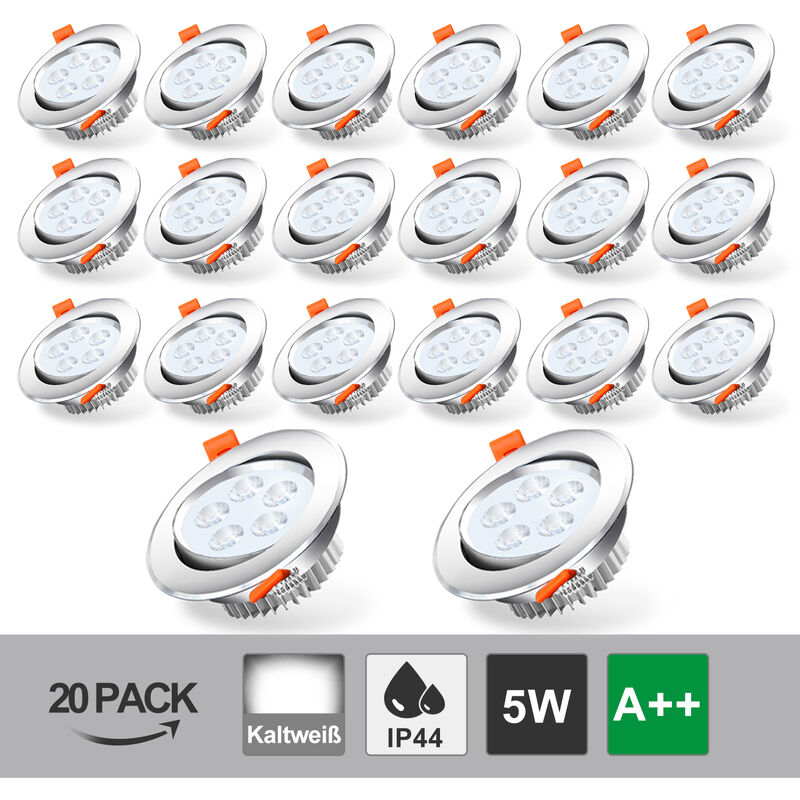 20X LED Einbaustrahler Spot Set Kaltweiß 7W Einbauleuchte Deckenleuchte Strahler IP44 5W - Hengda