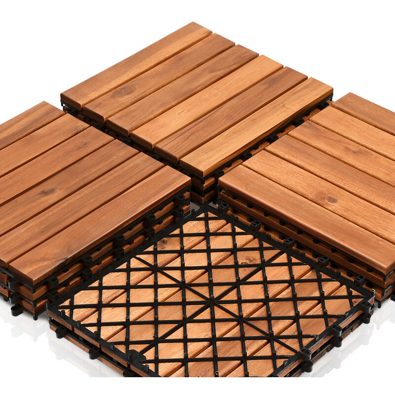 Hengda 33x Dalles de terrasse en bois d’acacia ou bois d’eucalyptus 30 x 30 cm Dalle clipsable balcon jardin extérieur Acacia Mosaïque