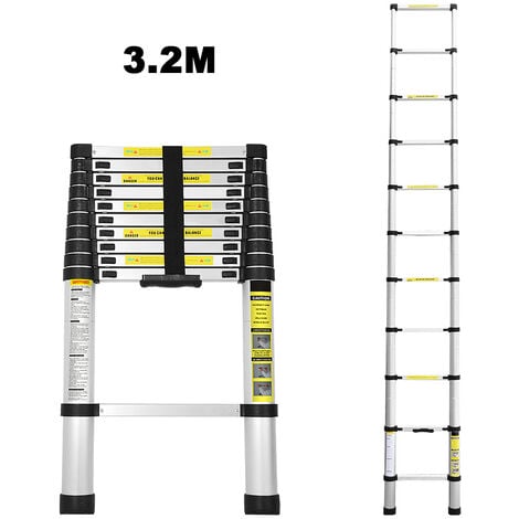 Hengda 3.2M Teleskopleiter mit Stabilisator Aluminium Multifunktionsleiter Aluleiter Klappleiter aus Hochwertigem für Treppe Innen & Außenbereich Haushalt