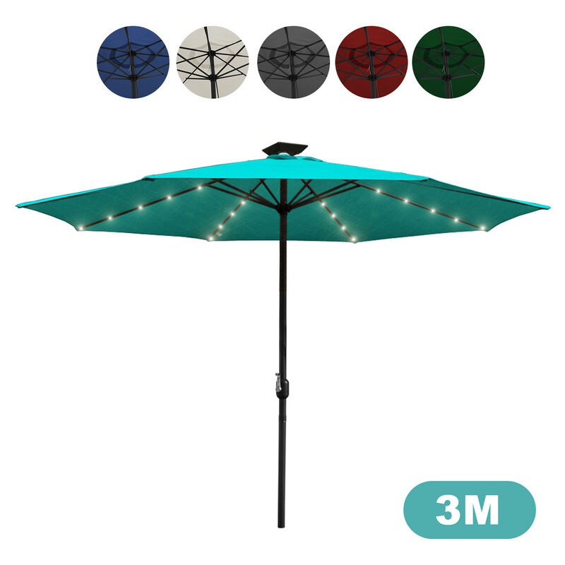 3m Parasol avec led solaire Market Umbrella avec manivelle UV40+ Parapluie extérieur Patios,azur bleu - Einfeben