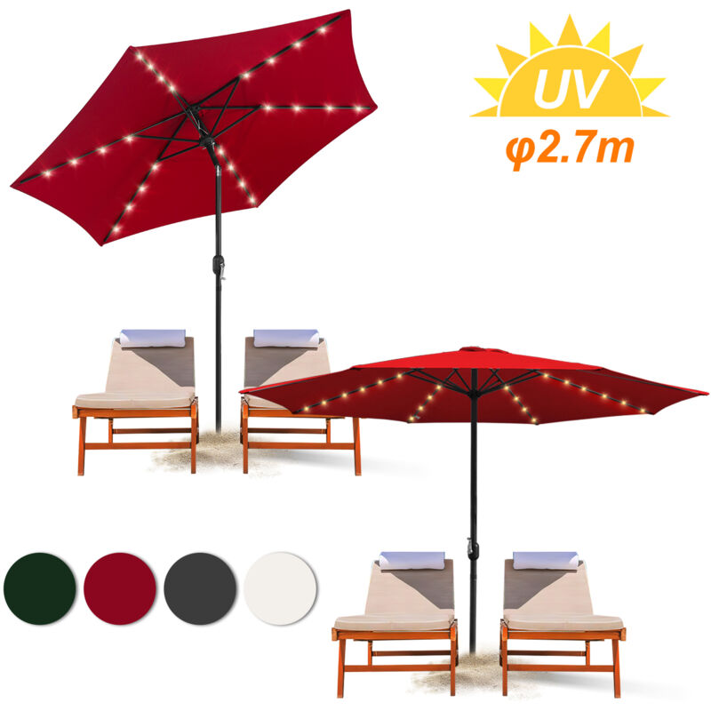 2.7m Parasol Parasol Jardin Parasol Extérieur UV40+ Parasol de Marché avec led Solaire Jardin, Rouge, 2.7m