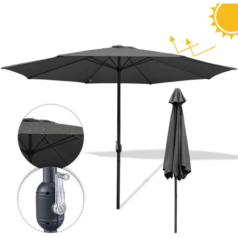Parasol droit d'Extérieur 3.5m - mât central en aluminium orientable et manivelle d'ouverture, Gris