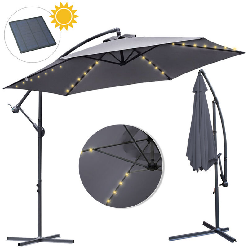 Einfeben 3m Parasol de avec éclairage solaire inclinable led Parasol de balcon Parasol de marché UV40+ Parasol de jardin,Grey