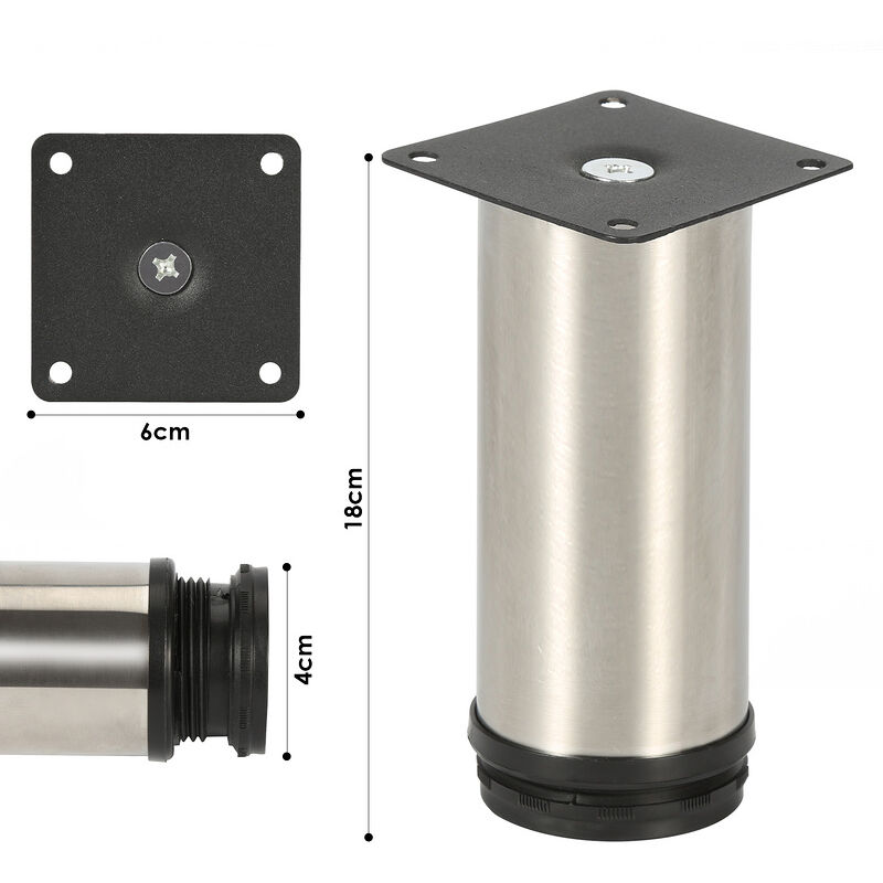 Hengda - Lot de 4 pieds de meuble. pied de table. meuble. inox. hauteur : 180 mm Diamètre : 40 mm Réglage en hauteur : + 15 mm