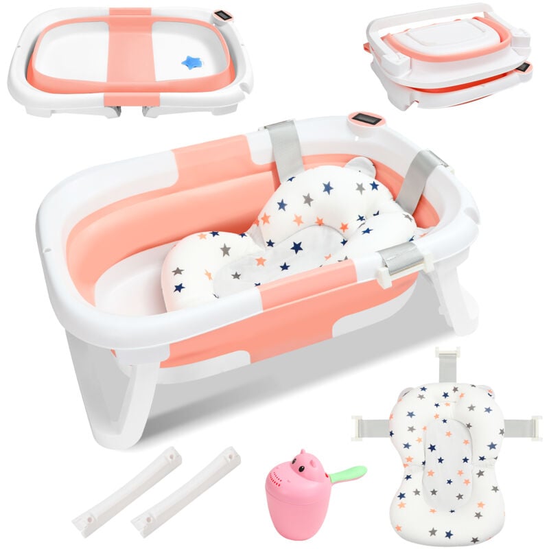 Einfeben Baignoire pliable bébé pliante évolutive, bassin bébé baignoire, Oreiller coussin Baignoire pour Bébé Pliable & Portable Rose
