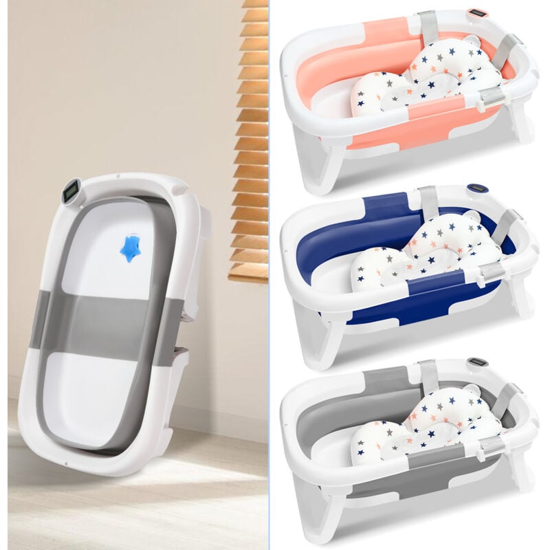 Einfeben Baignoire pliable bébé pliante évolutive + Coussin de bain, avec Thermomètre,Gris