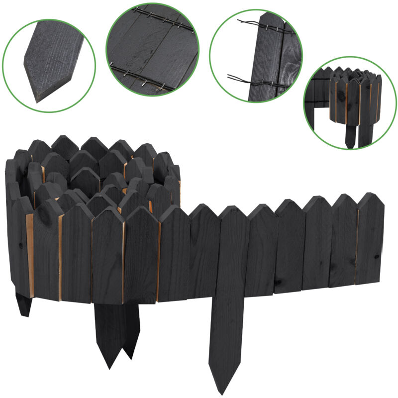 Bordure de Jardin en Bois de Pin Naturel 200x40x1.5 cm - Clôture Décorative pour Pelouse et Massifs Teinte anthracite - Hengda