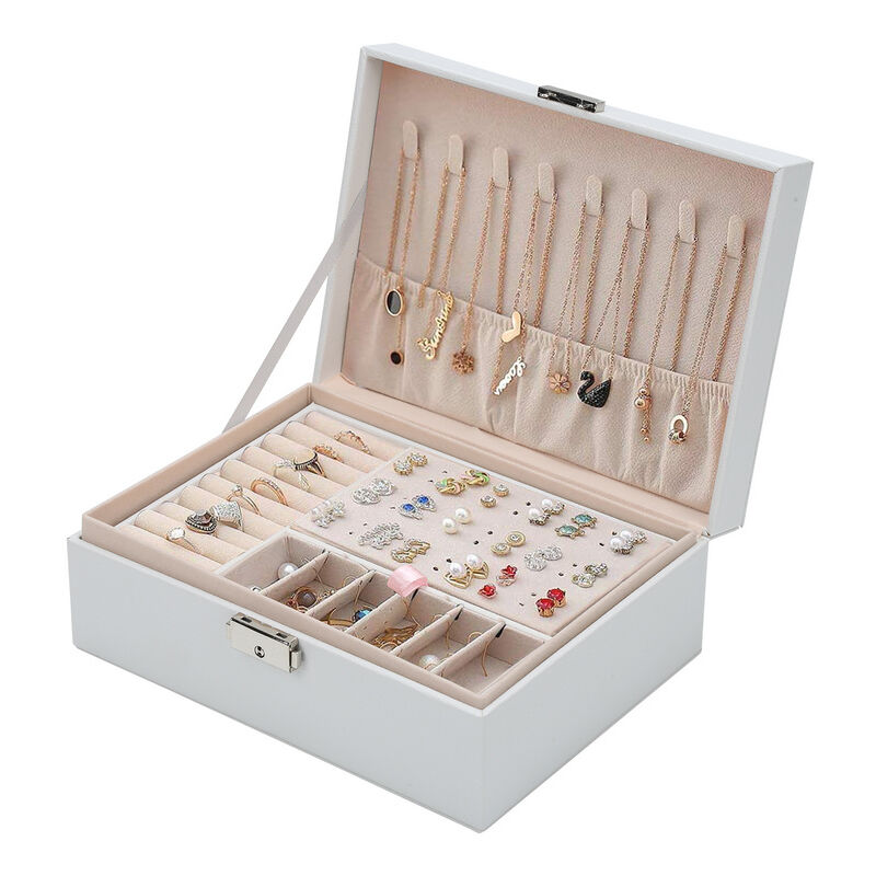 Boîte à bijoux. coffret à bijoux. verrouillable. 2 niveaux. avec miroir. pour bagues. boucles d'oreilles. colliers et bracelets. blanc - Hengda