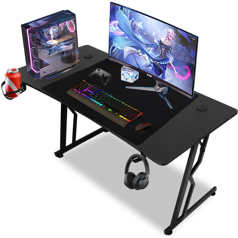 Hengda Bureau Gaming en Z-Forme avec Tapis de Souris, Porte-gobelet et Crochet pour Casque, Bureau Gamer 120x60cm, sans led