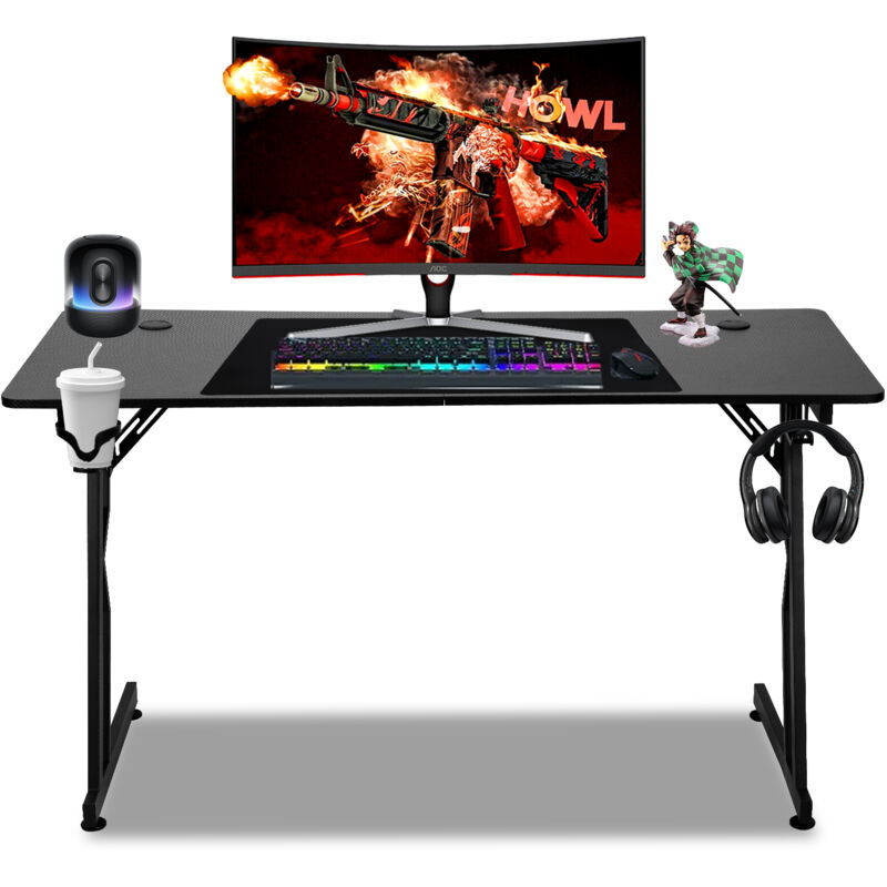 Hengda - Bureau Gaming Ergonomique en Z-Forme 140x60cm Table de Gaming avec Trou, Porte-gobelet et Crochet pour Casque (sans led)