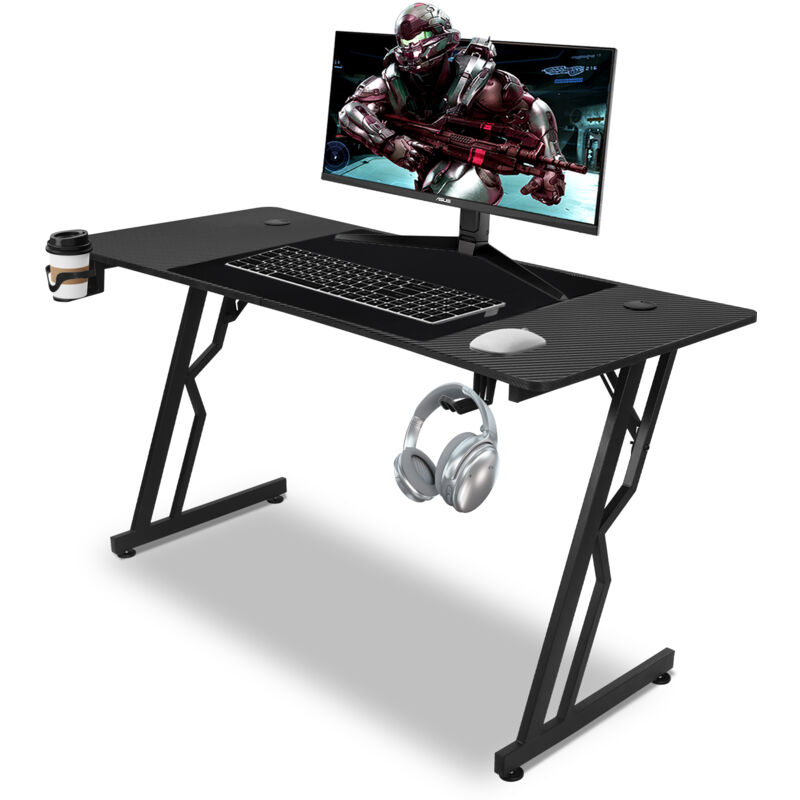 Hengda - Bureau Gaming Ergonomique en Z-Forme 120x60cm Table de Gaming avec Trou, Porte-gobelet et Crochet pour Casque (sans led)