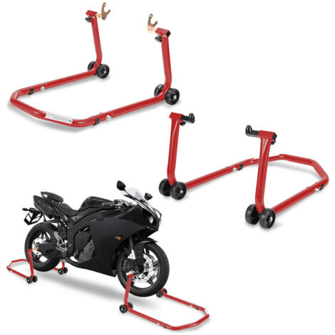 Hengda Caballete de taller - Juego de 2 - Para ruedas delanteras y traseras - Horquilla elevadora roja